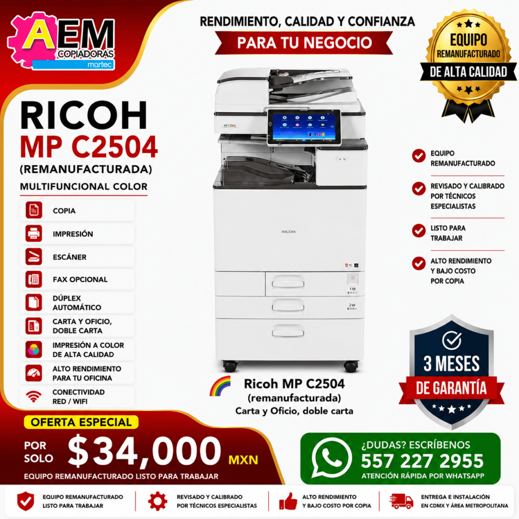 copiadora ricoh mpc 2504 carta oficio doble carta full colr cdmx remanufacturada