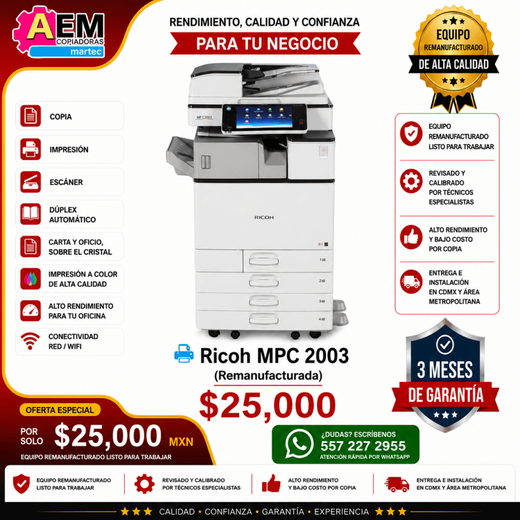 copiadora ricoh mpc 2003 cdmx remanufacturada a color