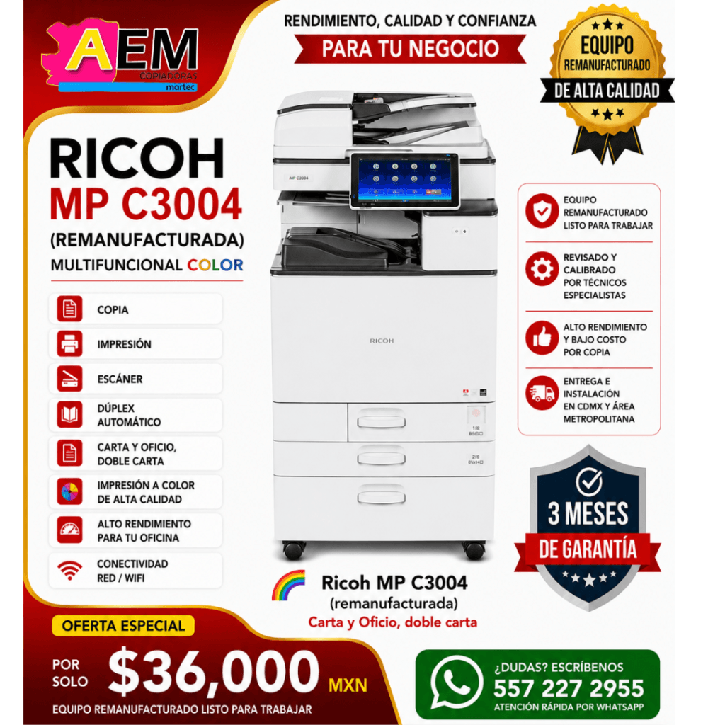 copiadora ricoh mpc 3004 full color tabloide cdmx ramanufacturada