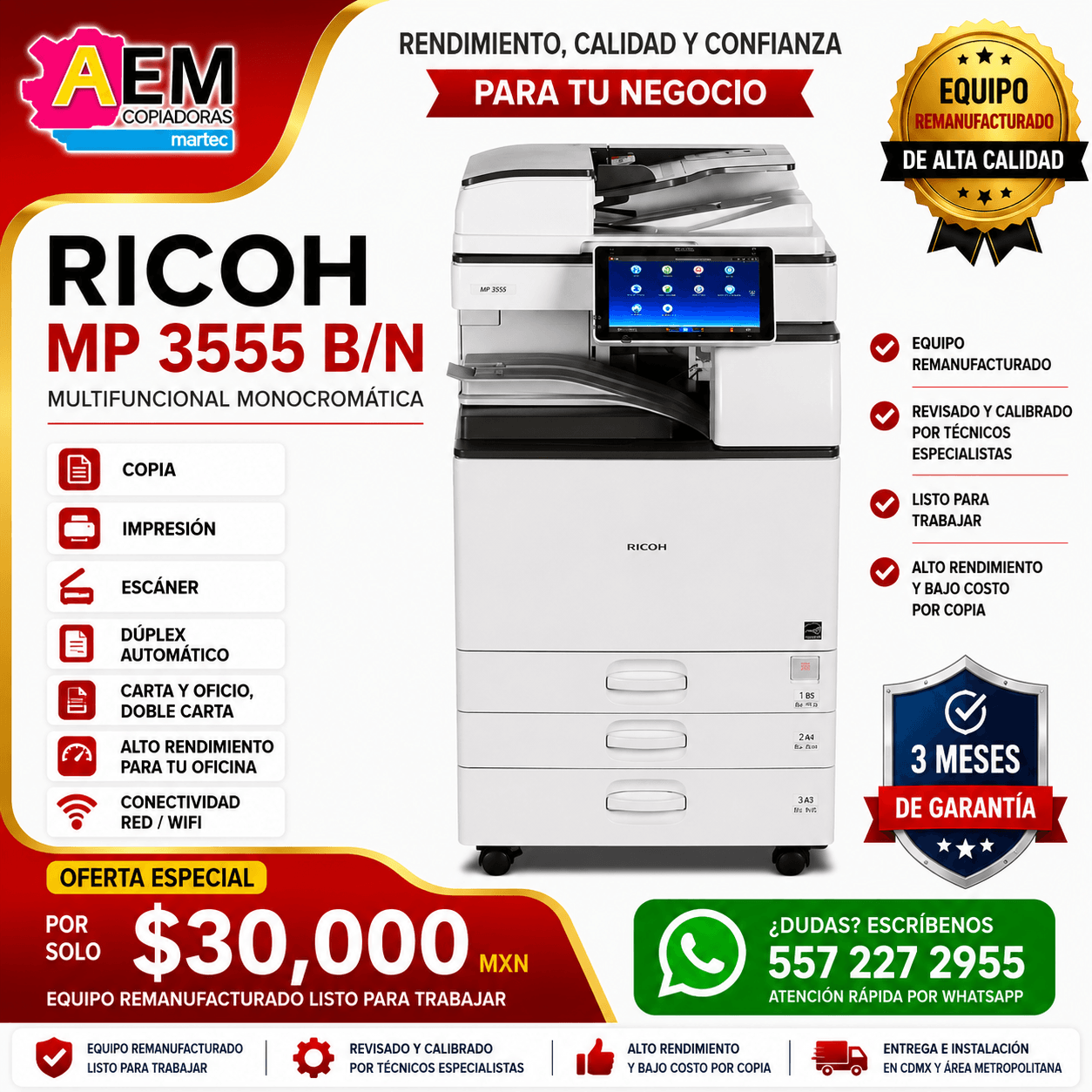 impresora multifuncional mp 3555 dobre caryta b/n cdmx remanufacturada
