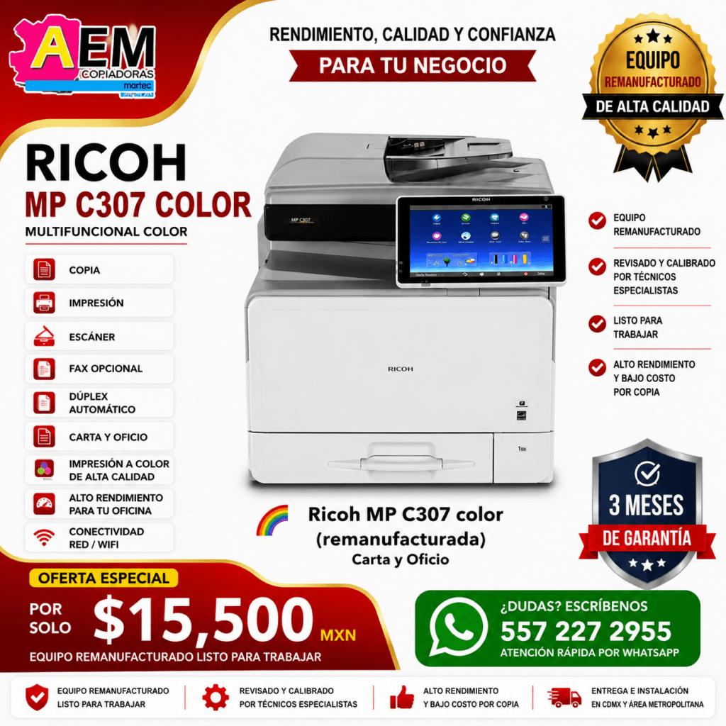copiadora ricoh mpc 307 a color carta y oficio sobre el cristal en cdmx remanufacturada